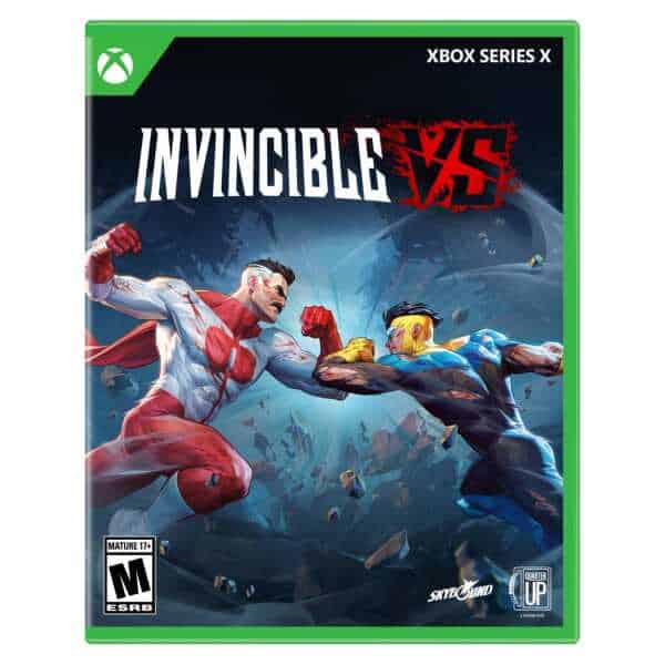 Invincible VS game cover for Xbox Series X featuring superhero battle scene.