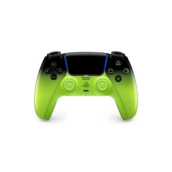Custom green and black PlayStation controller for gaming enthusiasts.