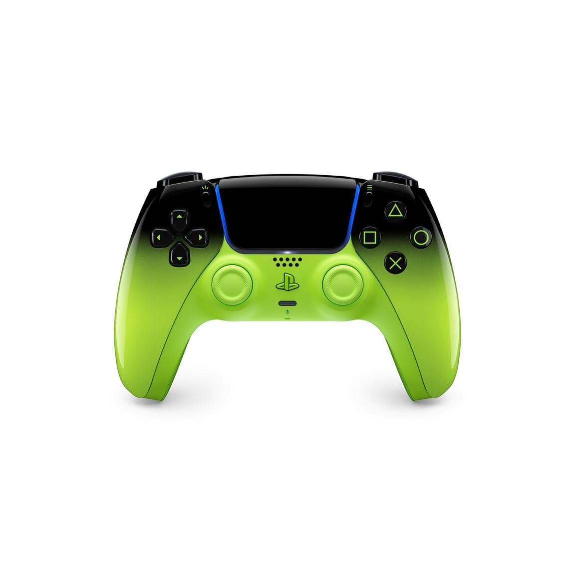 Custom green and black PlayStation controller for gaming enthusiasts.