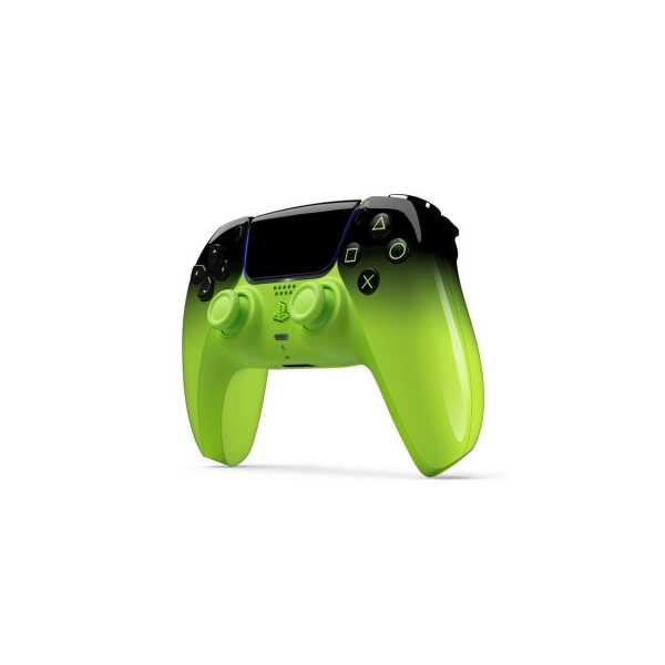 Green gaming controller for PlayStation with ergonomic design and multiple buttons.