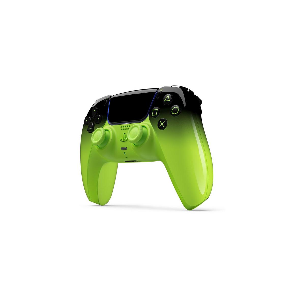 Green gaming controller for PlayStation with ergonomic design and multiple buttons.