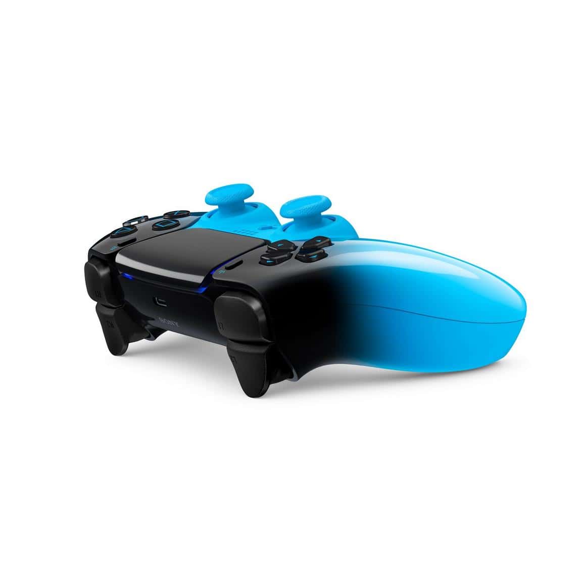 Blue and black gaming controller for PlayStation with ergonomic design.