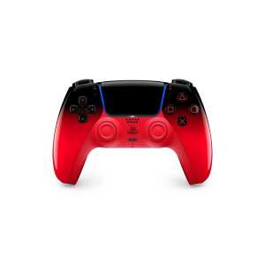 Red and black gaming controller with PlayStation buttons and ergonomic design.
