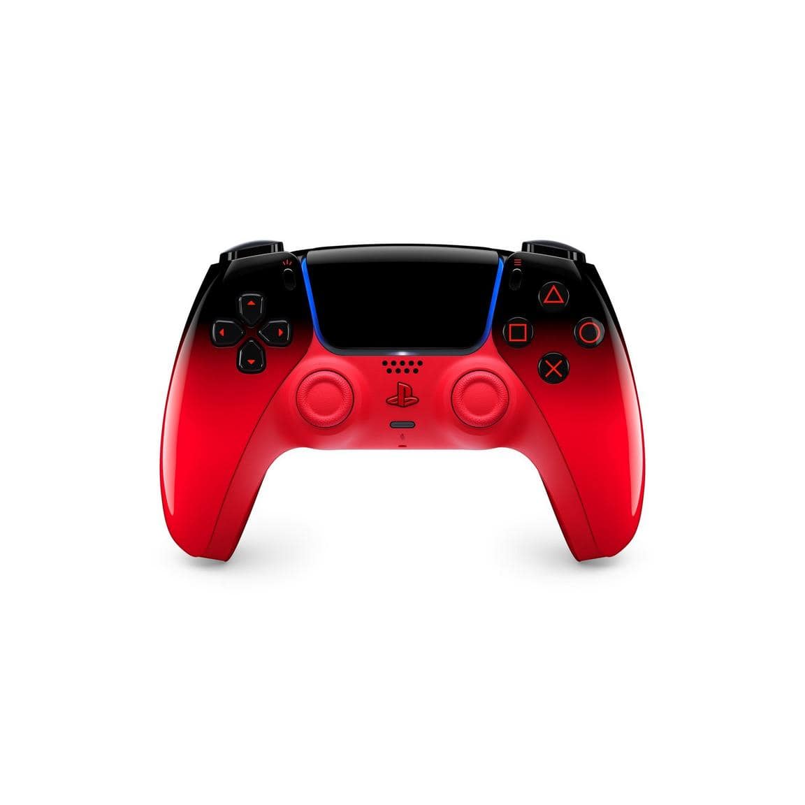 Red and black gaming controller with PlayStation buttons and ergonomic design.