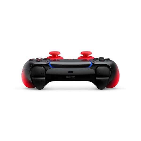 PlayStation gaming controller with red and black design, ergonomic for comfortable gameplay.