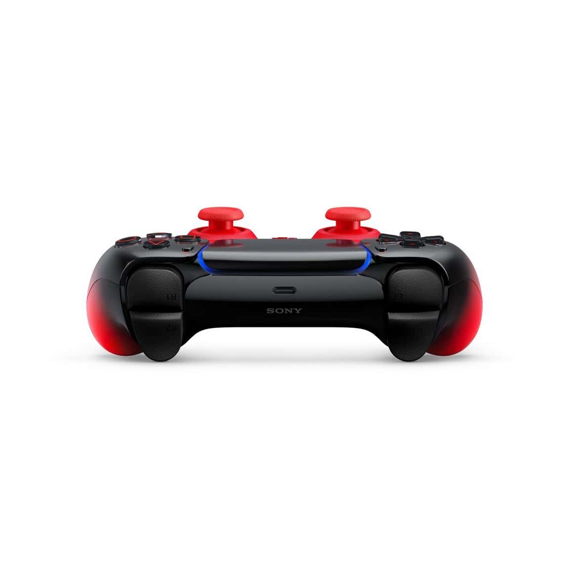 PlayStation gaming controller with red and black design, ergonomic for comfortable gameplay.