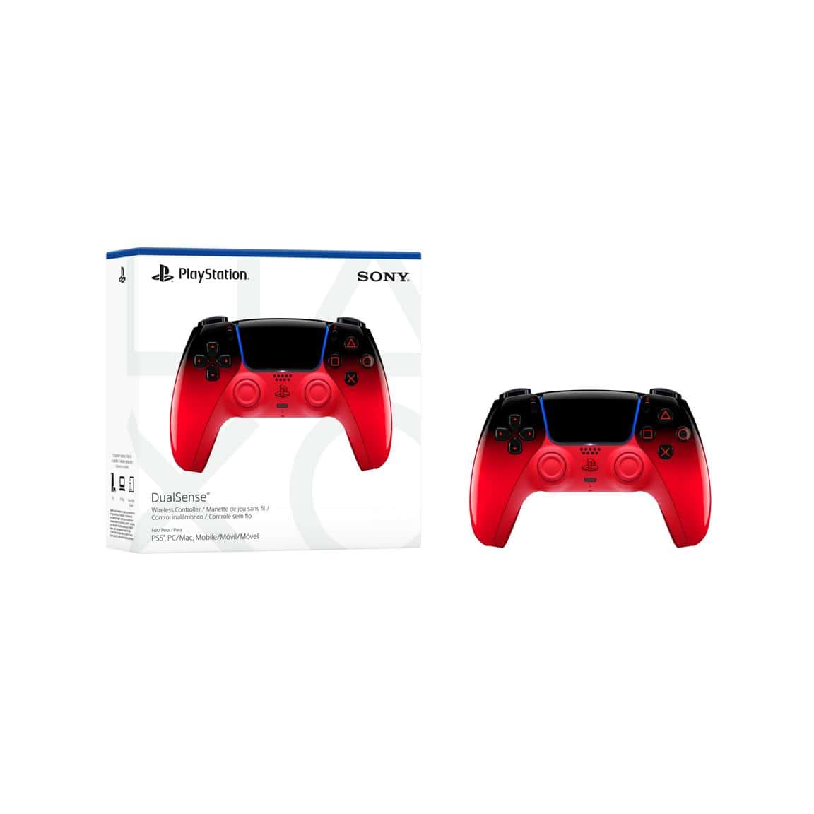 Red DualSense wireless controller for PlayStation 5 gaming console.