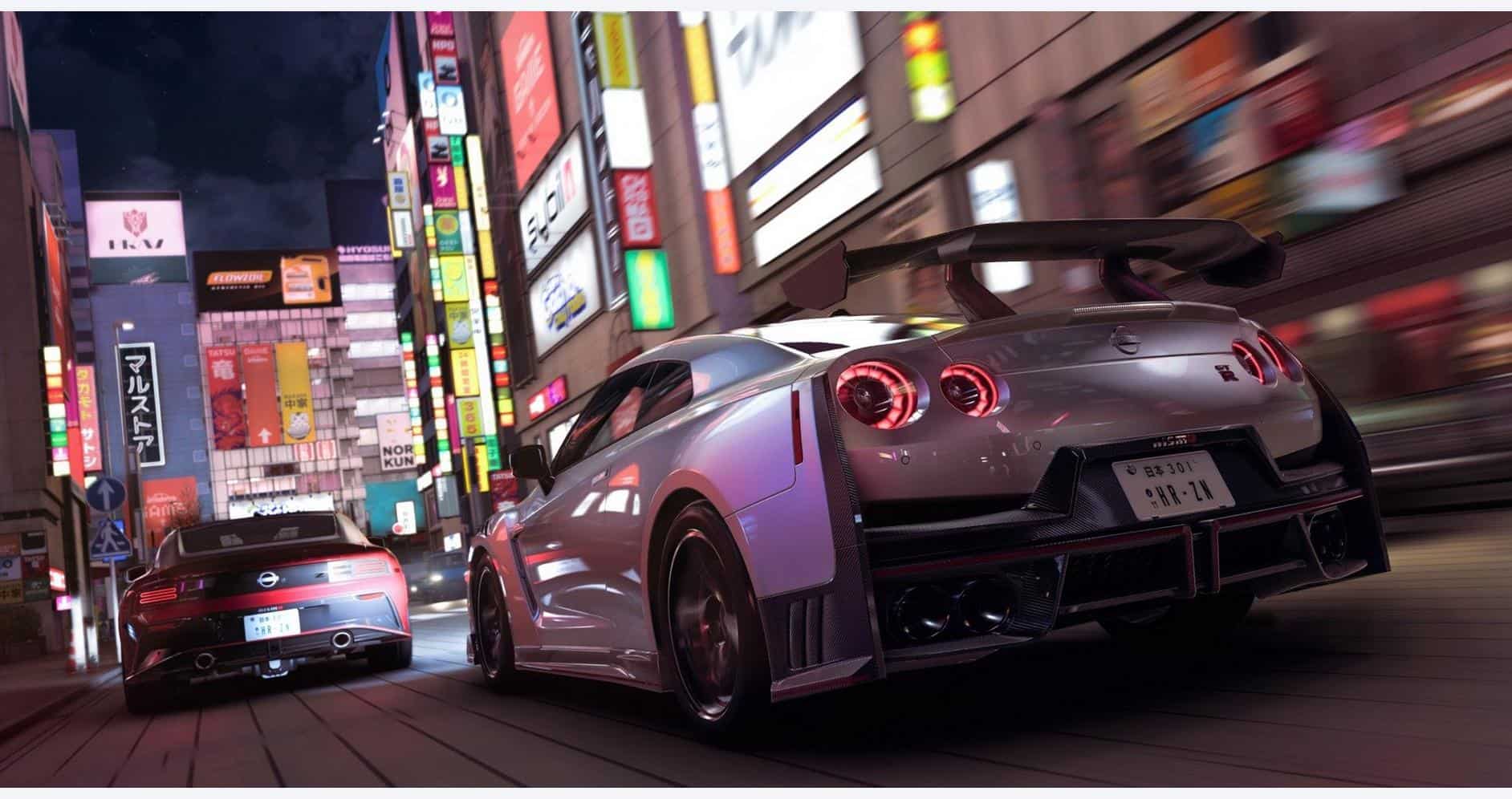 Racing cars from Forza Horizon 6 speeding through vibrant Tokyo city streets at night.