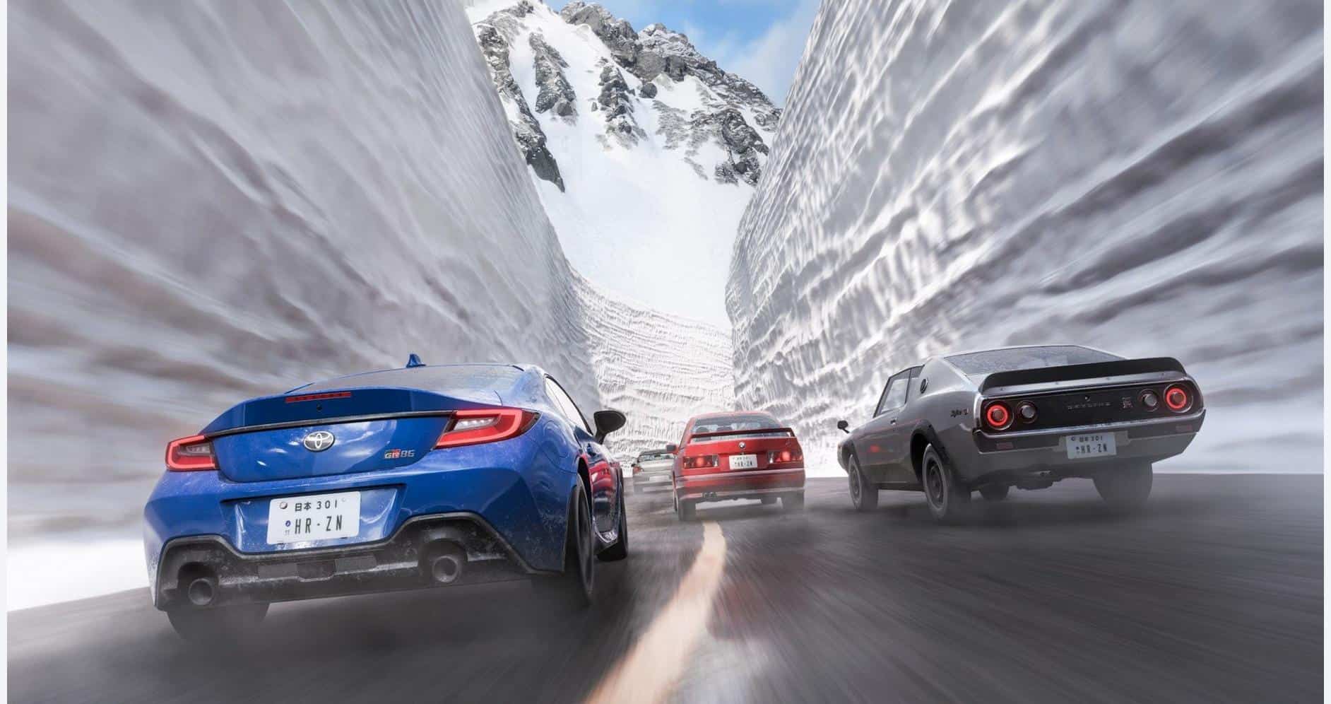 Forza Horizon 6 racing cars on icy mountain road in snow-covered landscape.