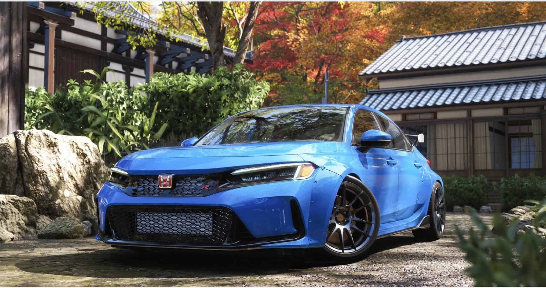 Honda Civic Type R sports car in blue with sleek design.