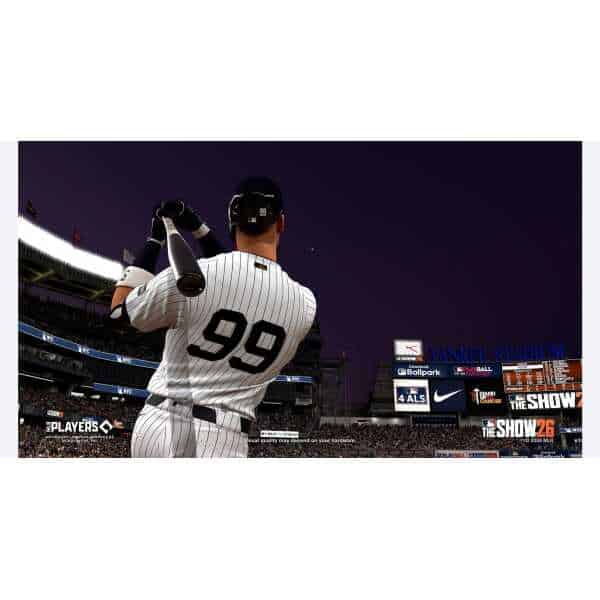 MLB The Show 26 baseball game featuring a player at Yankee Stadium.
