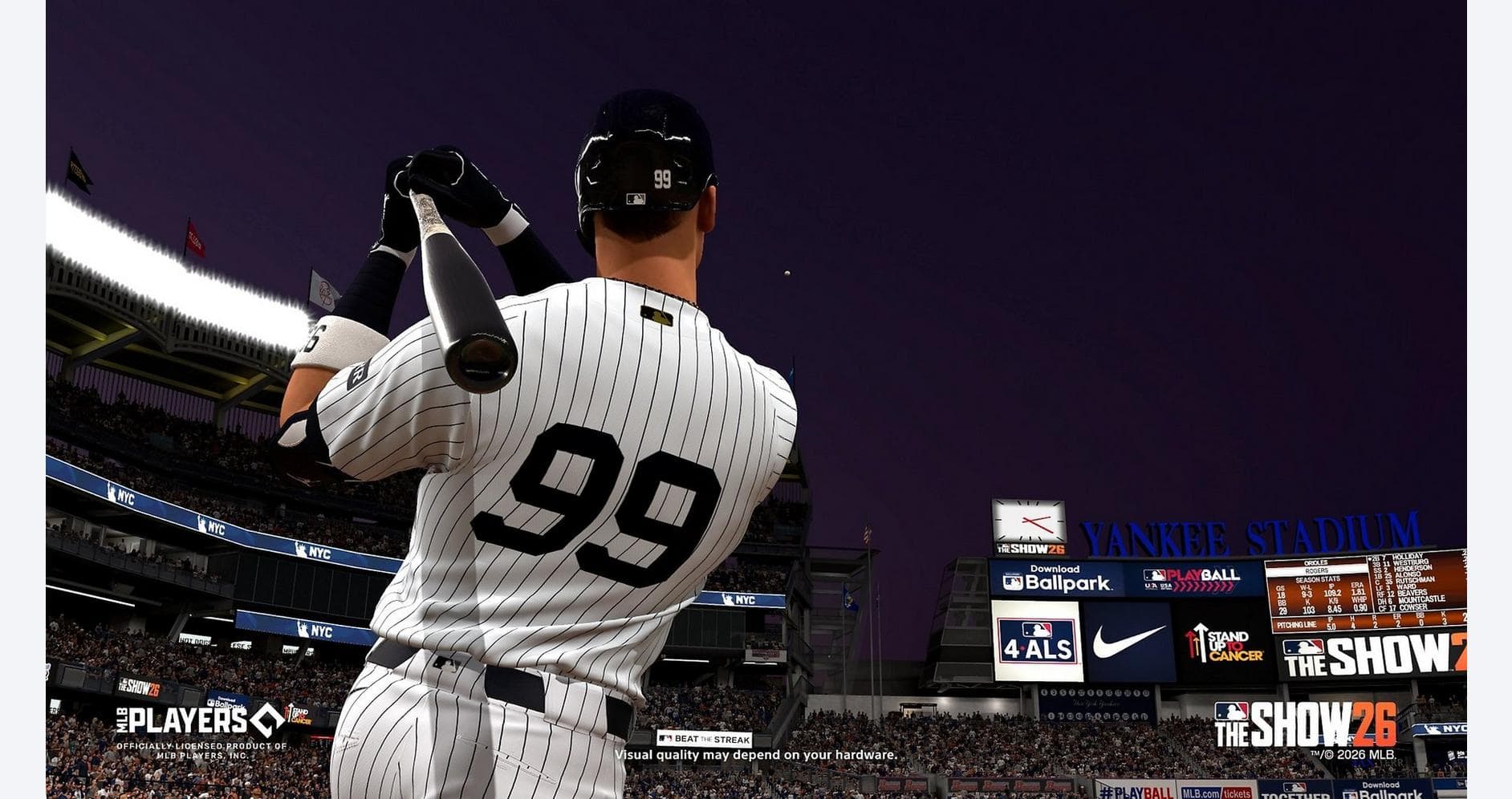 MLB The Show 26 baseball game featuring a player at Yankee Stadium.