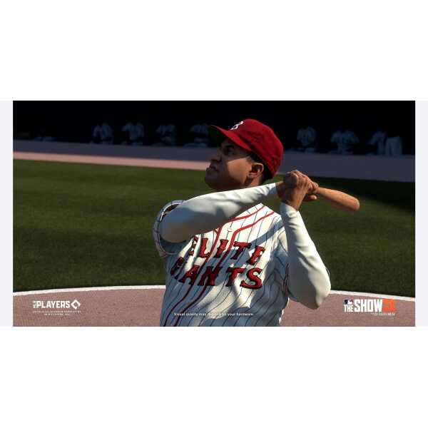 Baseball player in Giants uniform preparing to bat in MLB The Show 26 game.