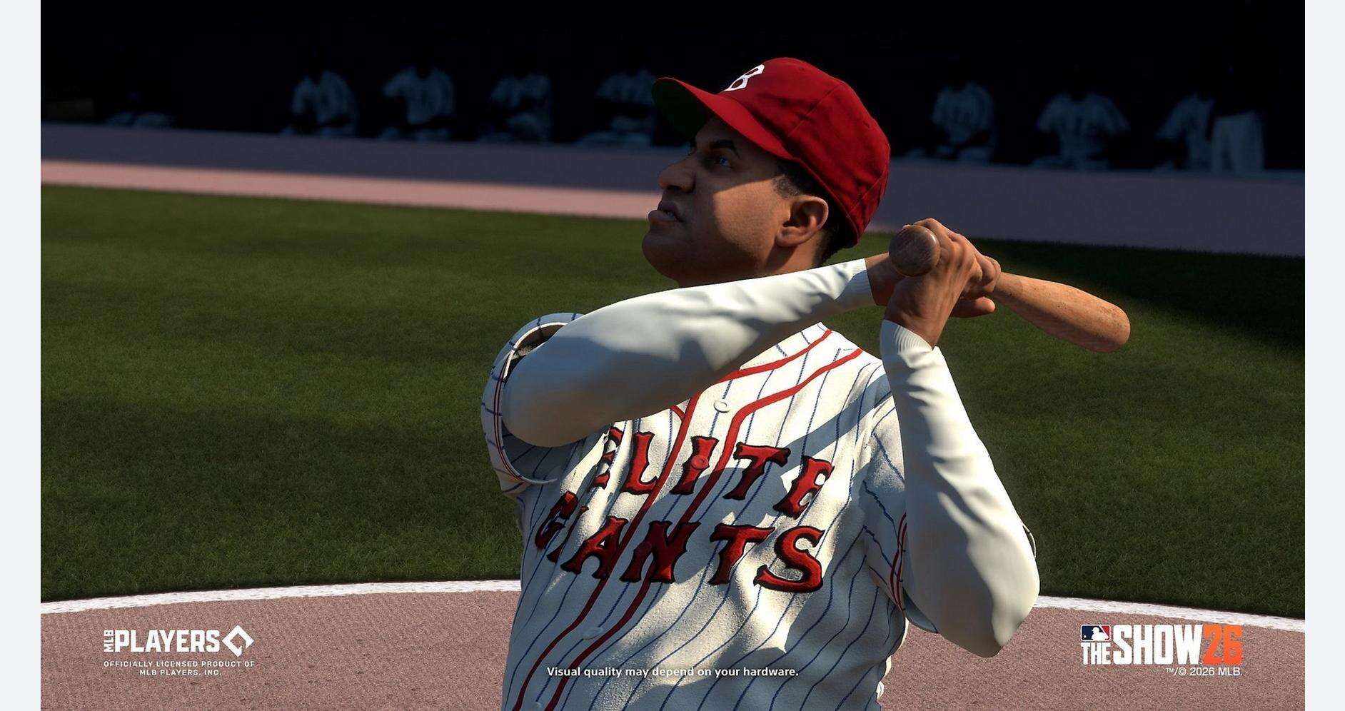 Baseball player in Giants uniform preparing to bat in MLB The Show 26 game.