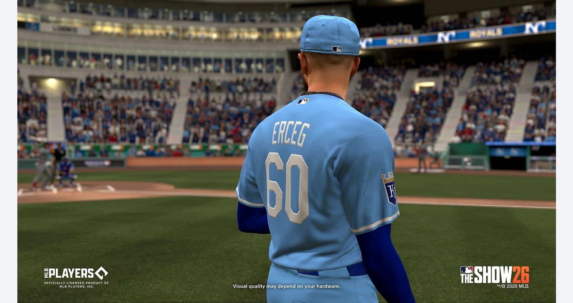 MLB The Show 26 baseball game featuring player Erceg in stadium.