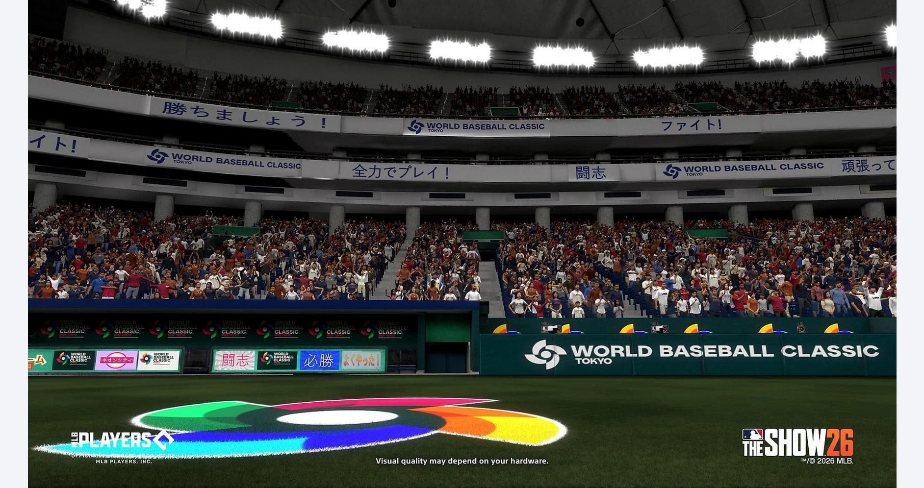 Baseball stadium scene from MLB The Show 26, showcasing gameplay and vibrant crowd atmosphere.