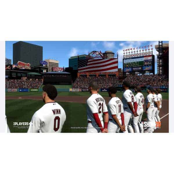 MLB The Show 26 players lined up on the field before the game begins.