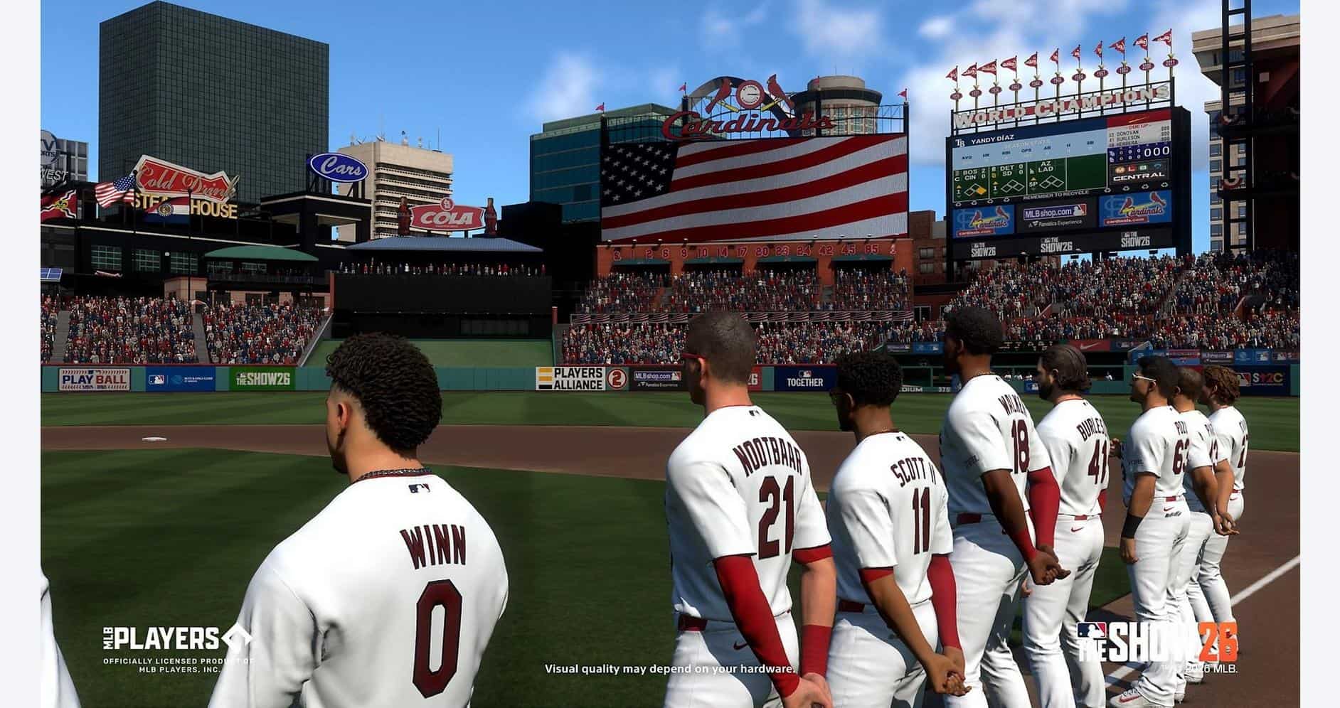 MLB The Show 26 players lined up on the field before the game begins.