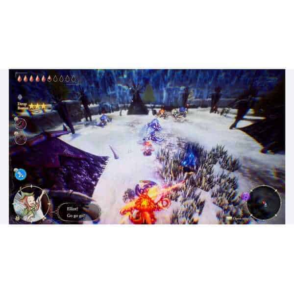 Elliot battles in a snowy landscape with magical creatures and spells.