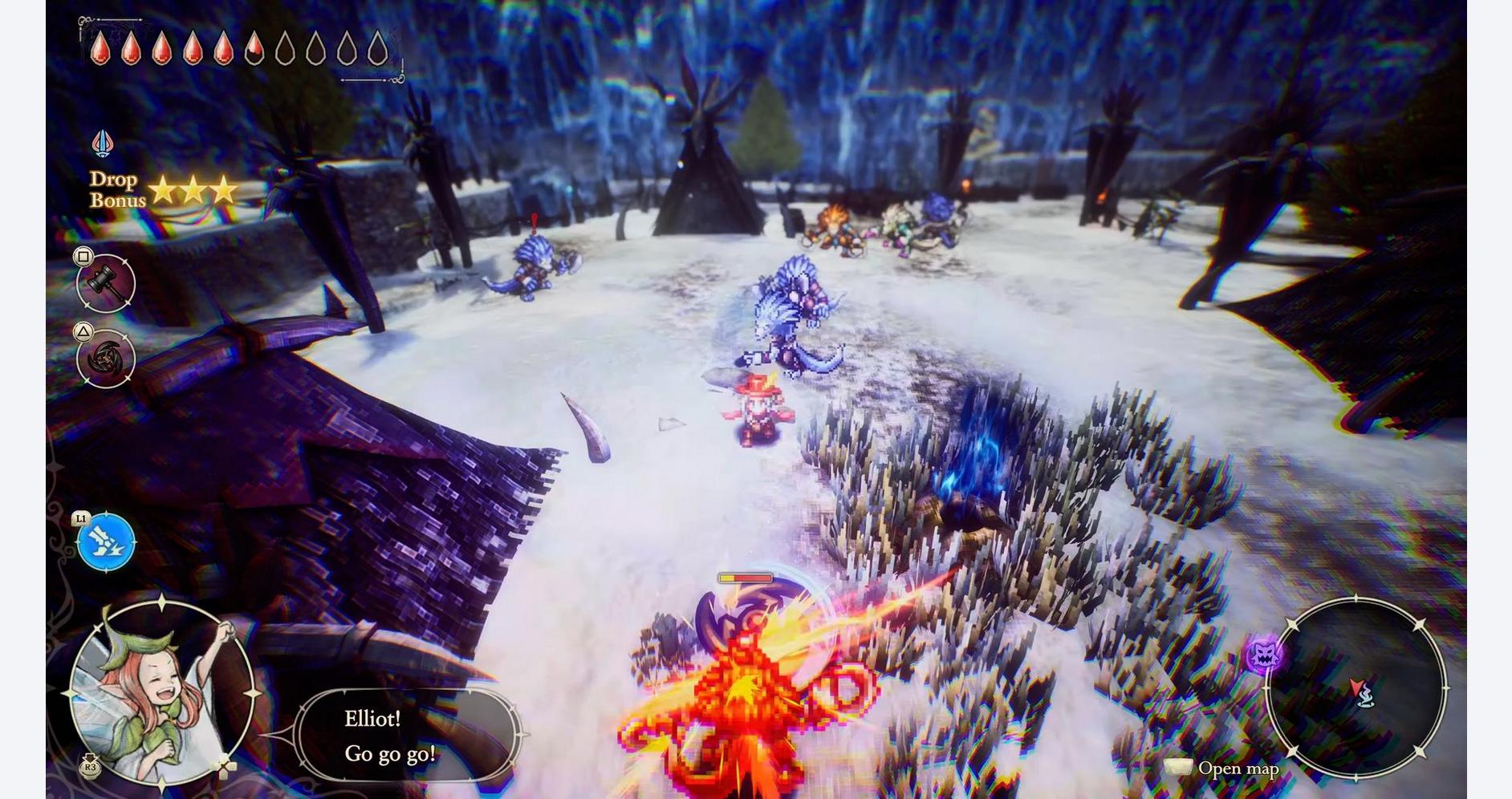 Elliot battles in a snowy landscape with magical creatures and spells.