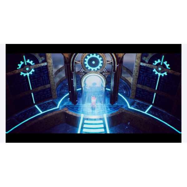 Futuristic game environment with glowing blue gears and digital clock elements.