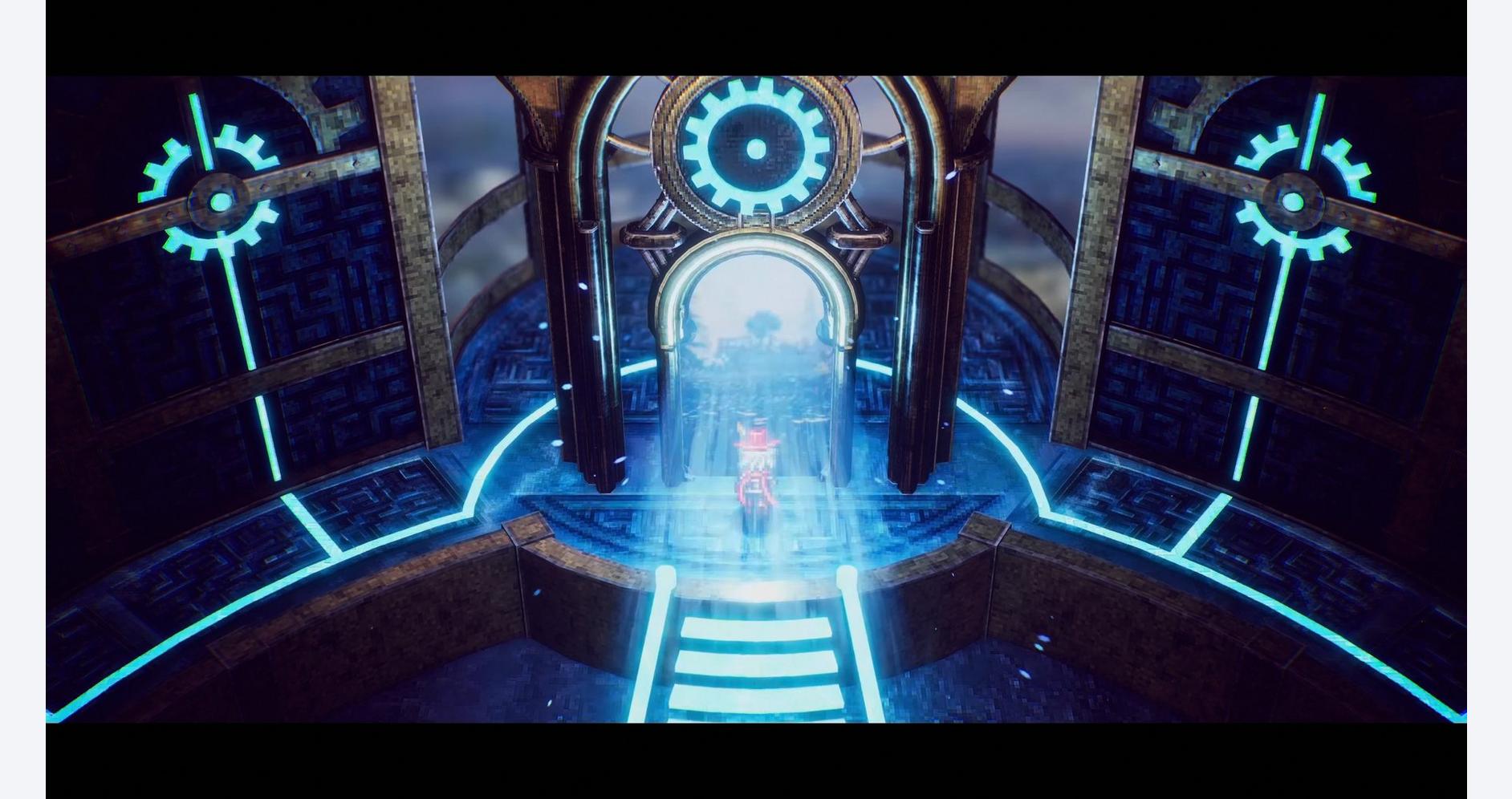 Futuristic game environment with glowing blue gears and digital clock elements.
