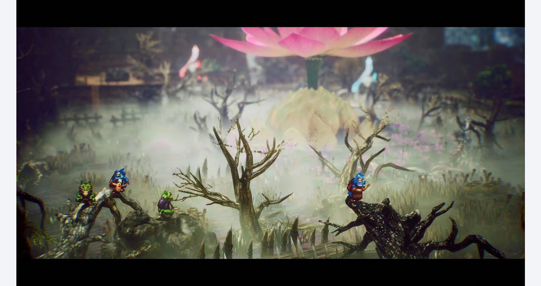 Fantasy forest scene with colorful characters and mystical atmosphere.