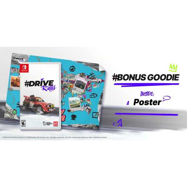Drive Rally game cover with bonus poster and stickers.