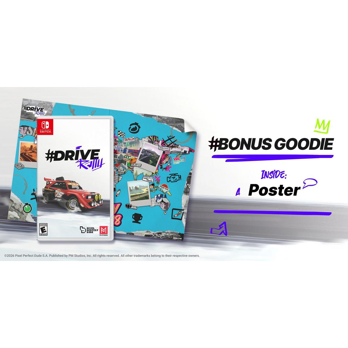 Drive Rally game cover with bonus poster and stickers.