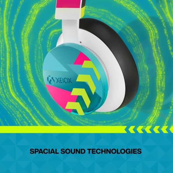Xbox Series X wireless gaming headset with colorful design and spatial sound tech.