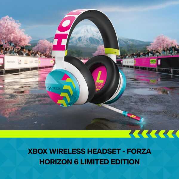 Colorful Xbox wireless headset with Forza Horizon 6 design, scenic background with cherry blossoms.