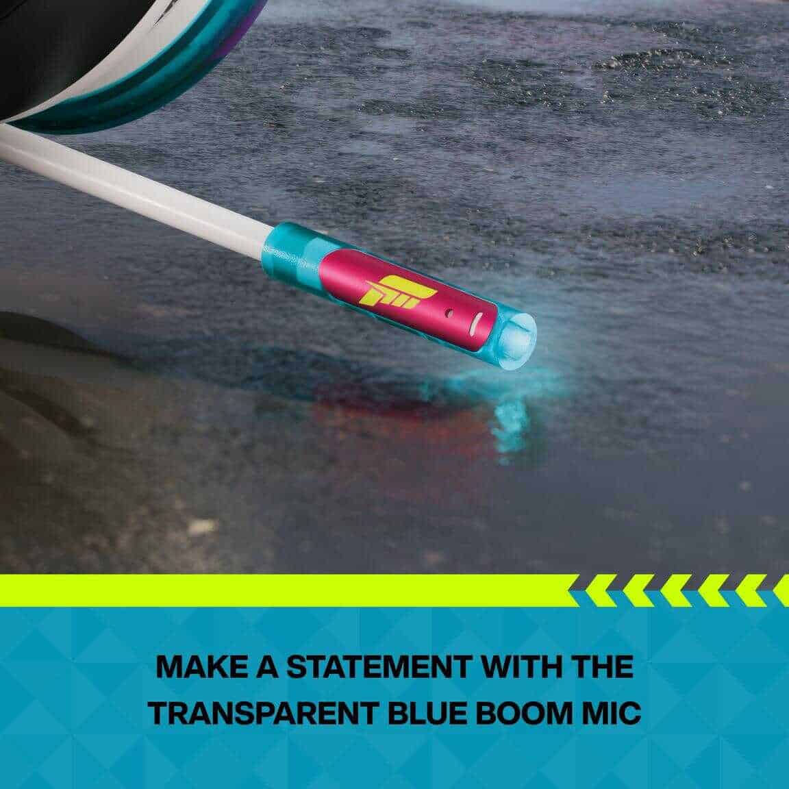 Close-up of Xbox Series X headset microphone with blue boom and colorful design.