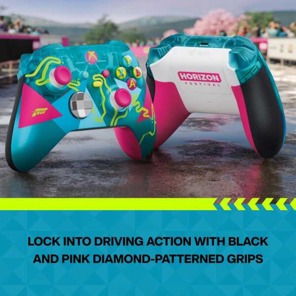 Colorful Xbox controller with black and pink grips for Forza Horizon 6.