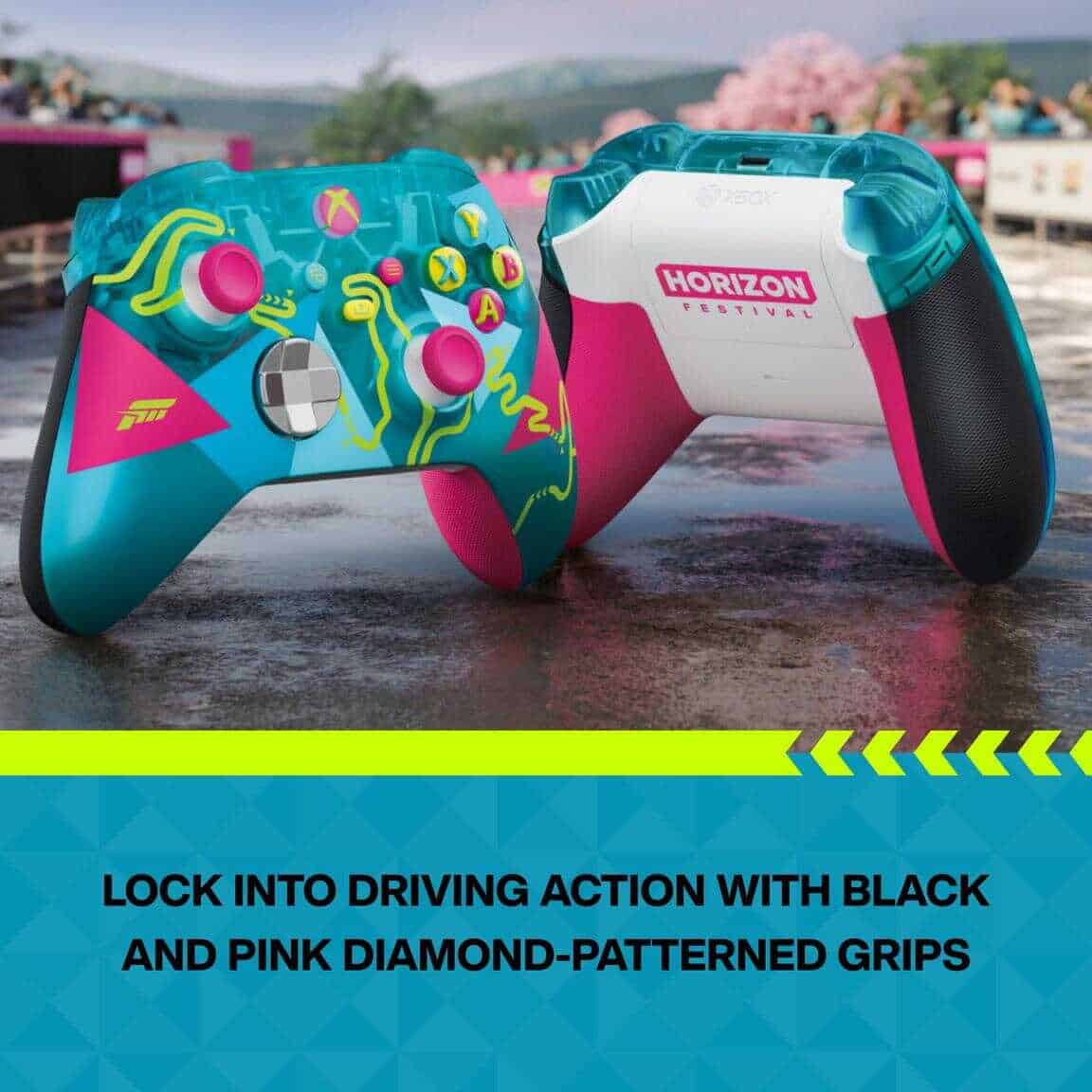 Colorful Xbox controller with black and pink grips for Forza Horizon 6.
