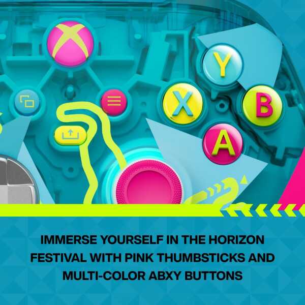 Colorful Xbox controller with pink thumbsticks and multi-color ABXY buttons.