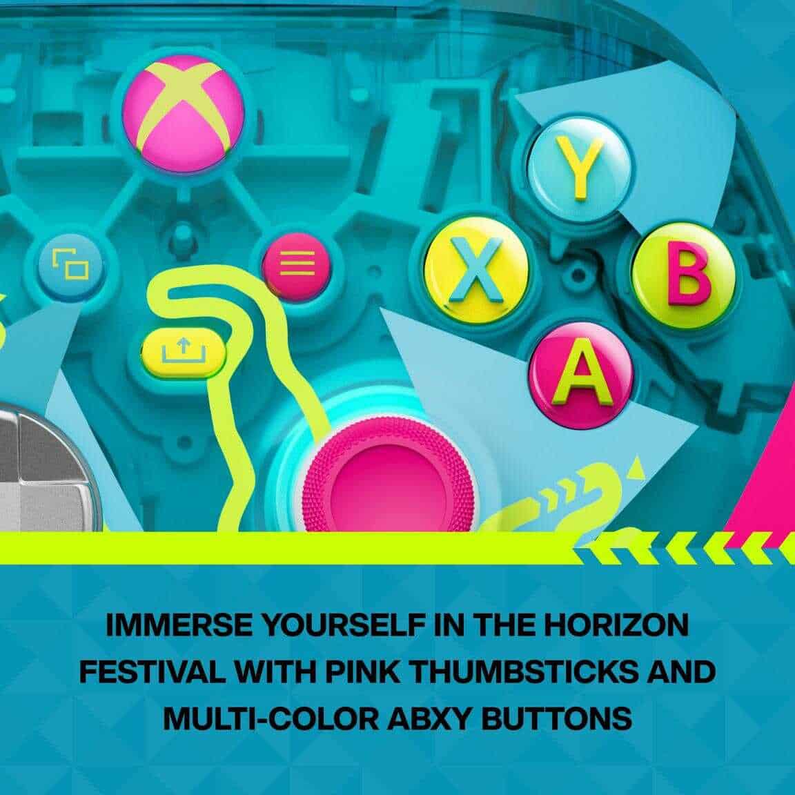 Colorful Xbox controller with pink thumbsticks and multi-color ABXY buttons.