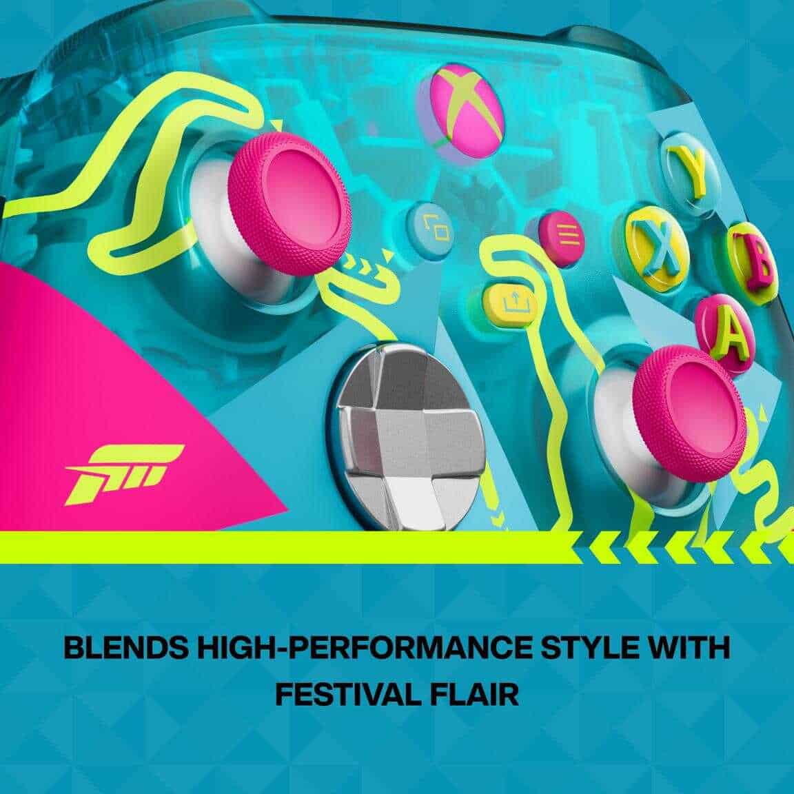 Colorful Xbox Series X wireless controller with neon accents for Forza Horizon 6.