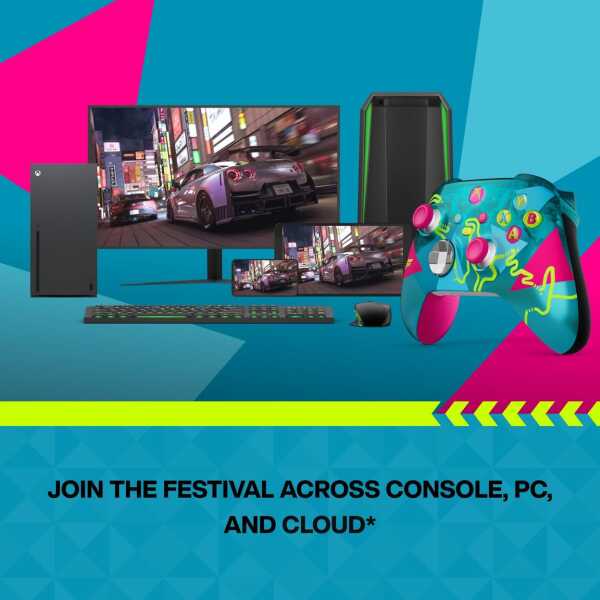 Gaming setup featuring Xbox controller, PC, monitor, and colorful gaming accessories.