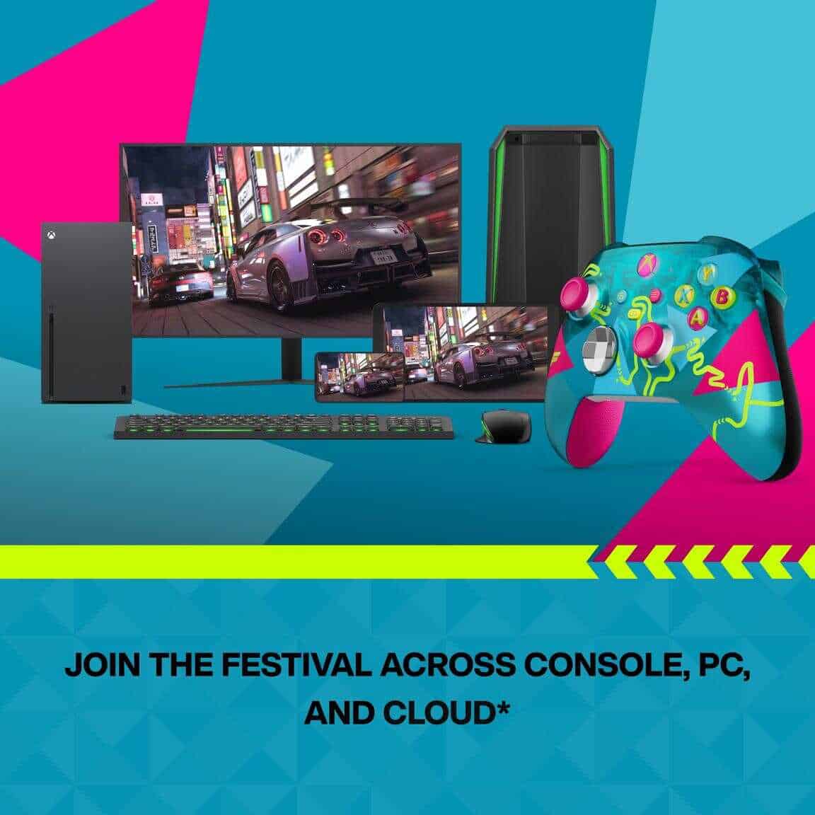 Gaming setup featuring Xbox controller, PC, monitor, and colorful gaming accessories.