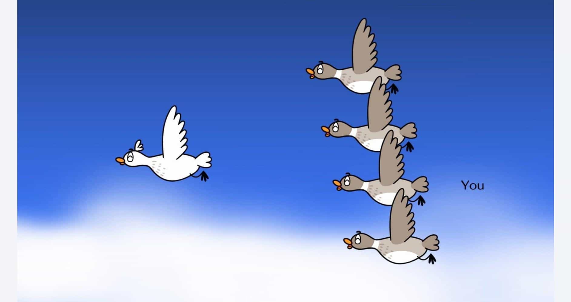 Doves flying in a V formation against a blue sky, symbolizing peace and harmony.
