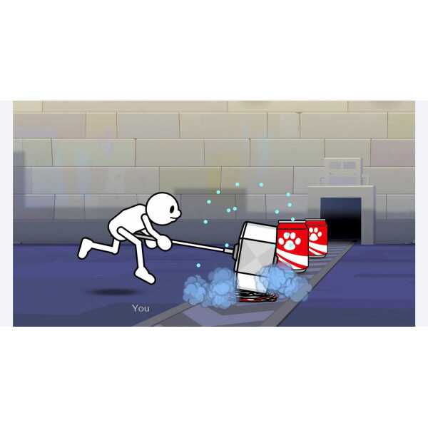 Cartoon character recycling trash into a bin in a game setting.