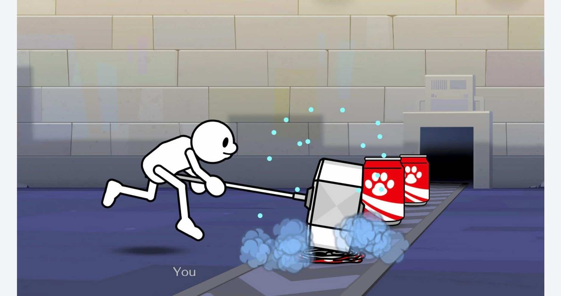 Cartoon character recycling trash into a bin in a game setting.