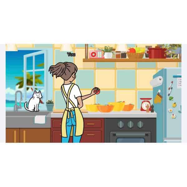 Woman cooking in a colorful kitchen with a cat on the counter.