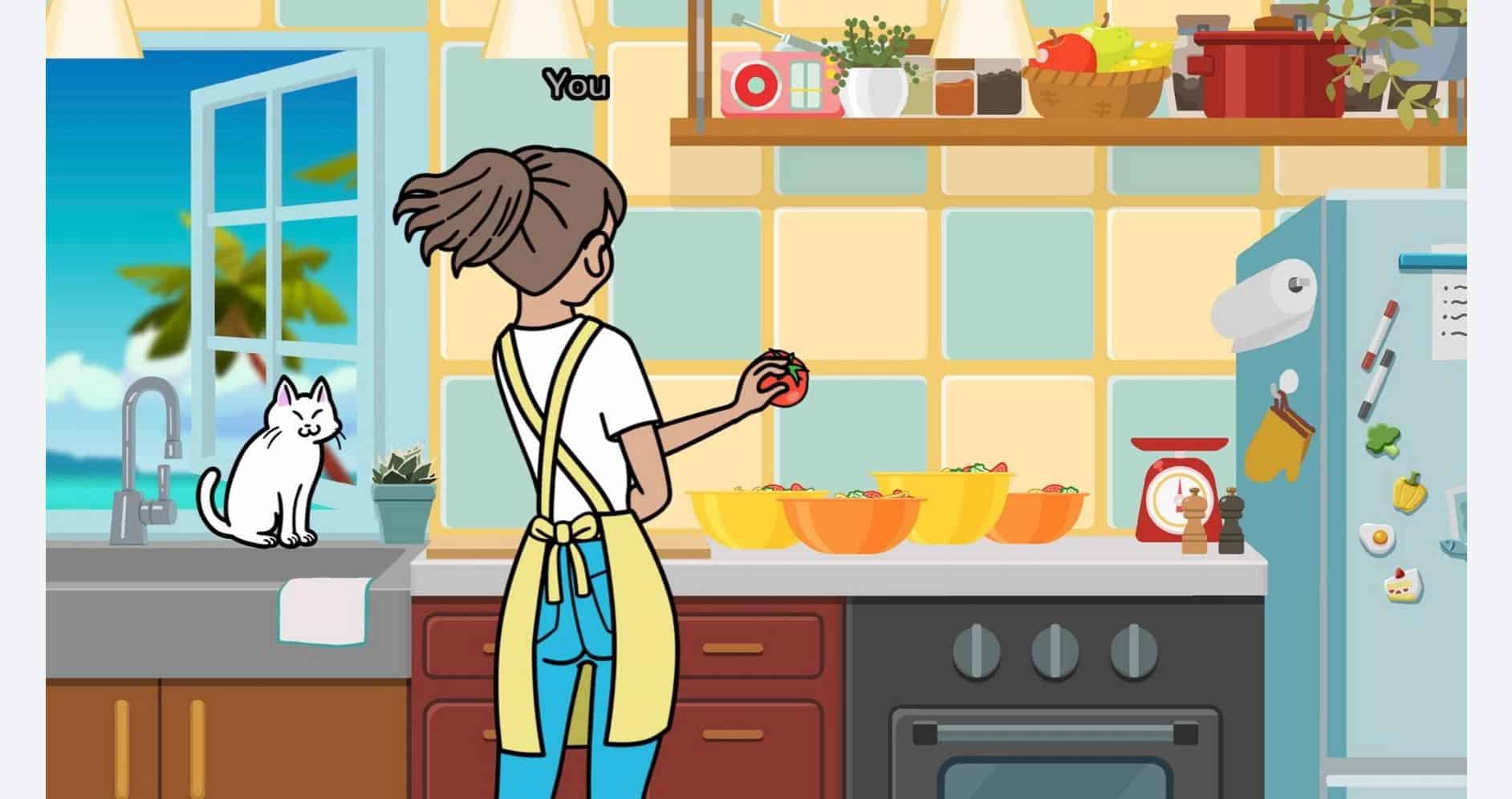 Woman cooking in a colorful kitchen with a cat on the counter.