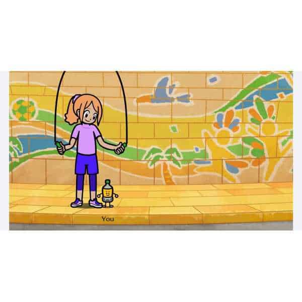 Jump rope game scene with a girl and a robot on a colorful mural background.