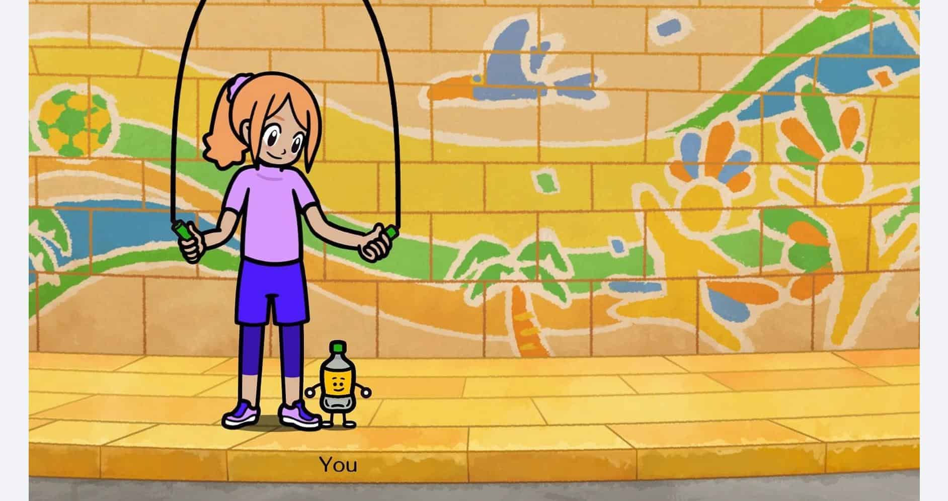 Jump rope game scene with a girl and a robot on a colorful mural background.
