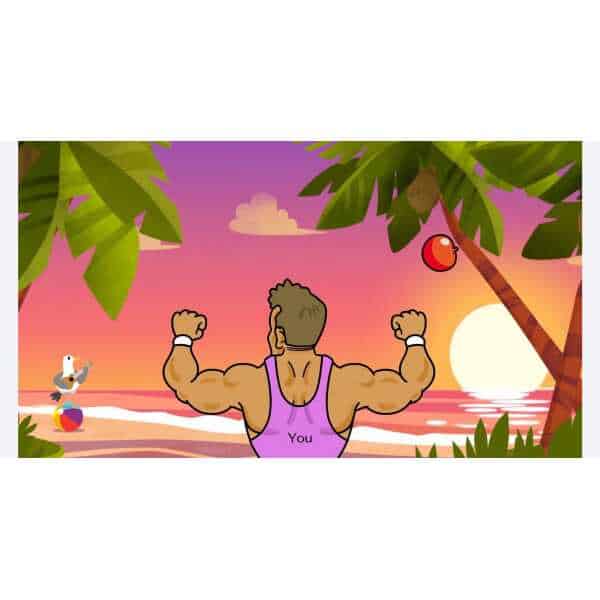 Muscular man flexing arms on tropical beach at sunset with palm trees and a seagull.