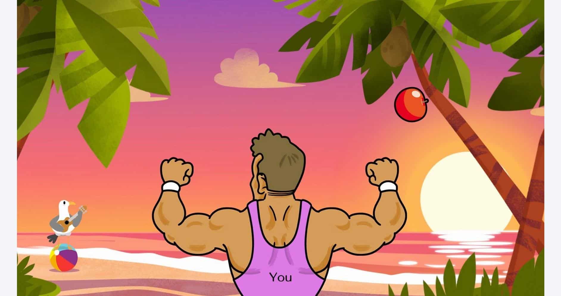 Muscular man flexing arms on tropical beach at sunset with palm trees and a seagull.
