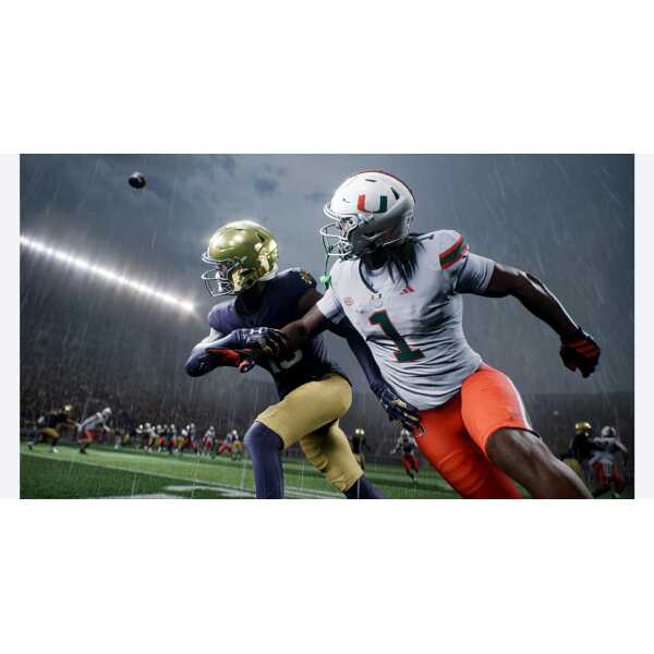 College football players in rain during a game, one from Miami and one from Notre Dame.