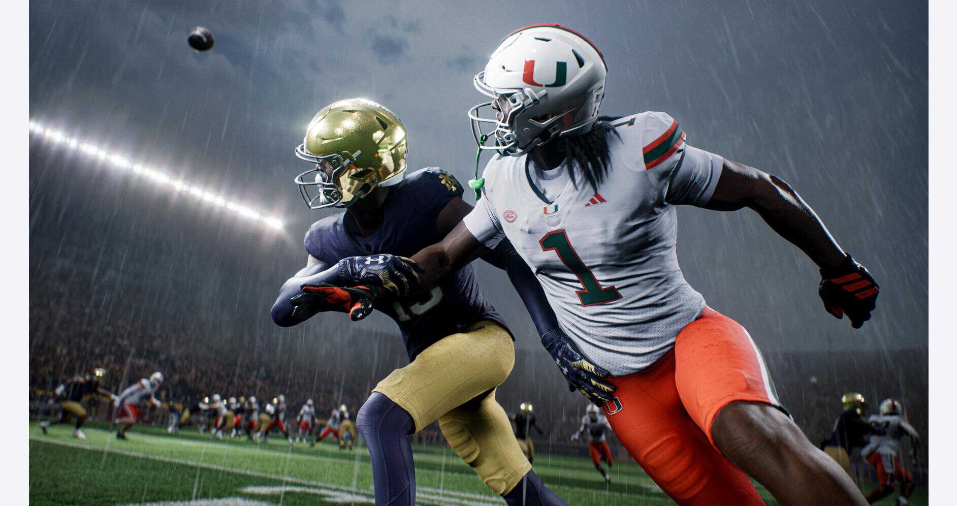 College football players in rain during a game, one from Miami and one from Notre Dame.
